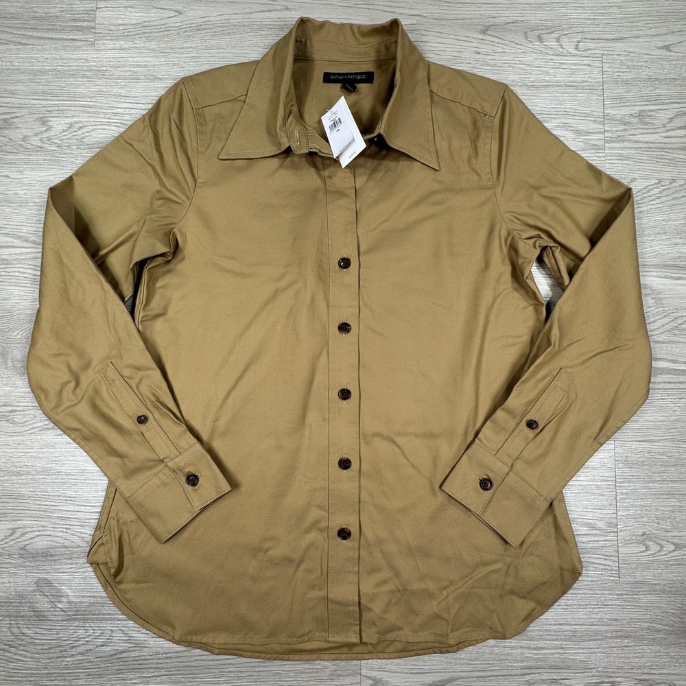 Banana Republic Women Button Down Shirt Tan XS NWT Long Sleeve Cotton Lyocell